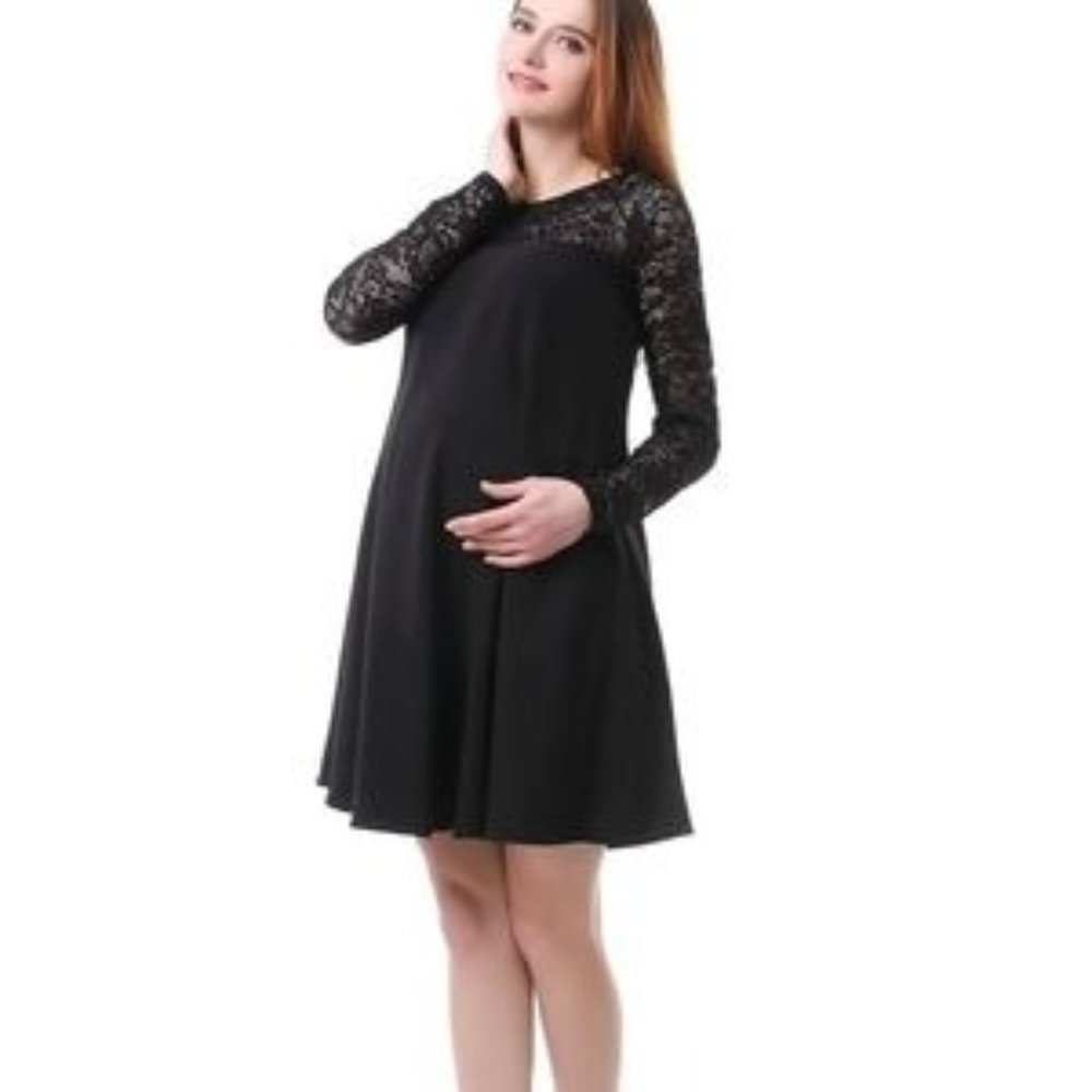 Kimi + Kai "Elle" Lace Trim Mini  Maternity Dress Long Sleeves Black Size Small